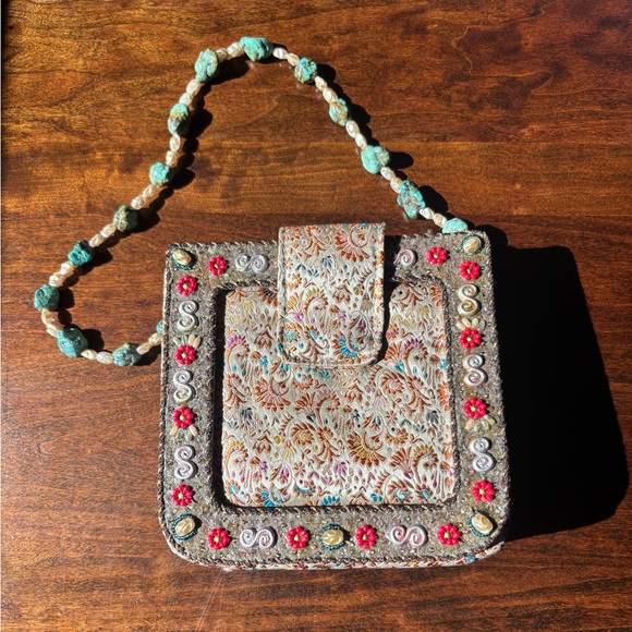 Mary Frances Beaded Brocade Purse with Turquoise and Pearl Strap - Picture 4 of 5